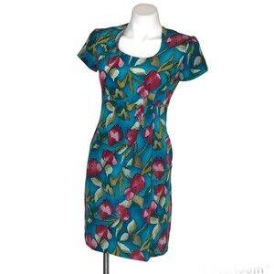 PAPELL Petites 100% Silk Turquoise Teal Floral Sheath Dress Size 2P Vintage